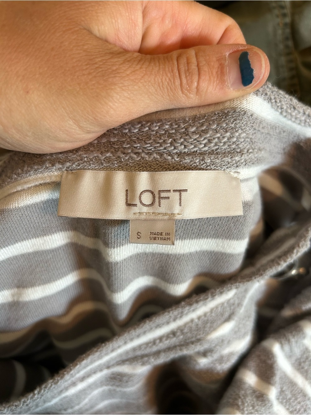 LOFT Gray and White Striped Short-Sleeve Midi Dress with Shoulder Buttons - Picture 4 of 4